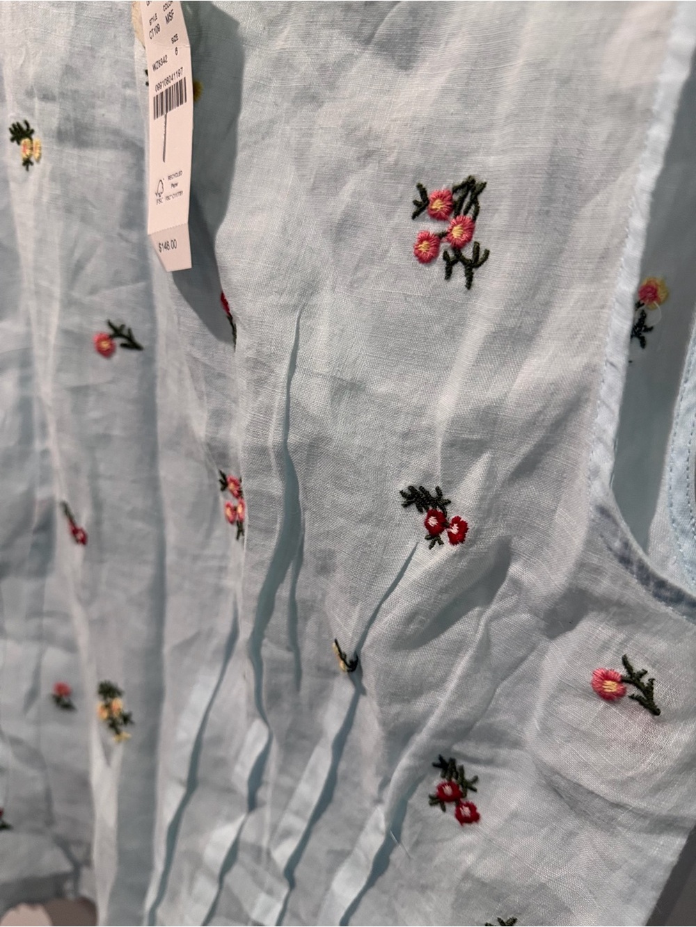 J.Crew Pintuck Shell Top Ramie Blue Embroidered Floral Romantic Sz 6 CT109 $148 - Picture 5 of 8